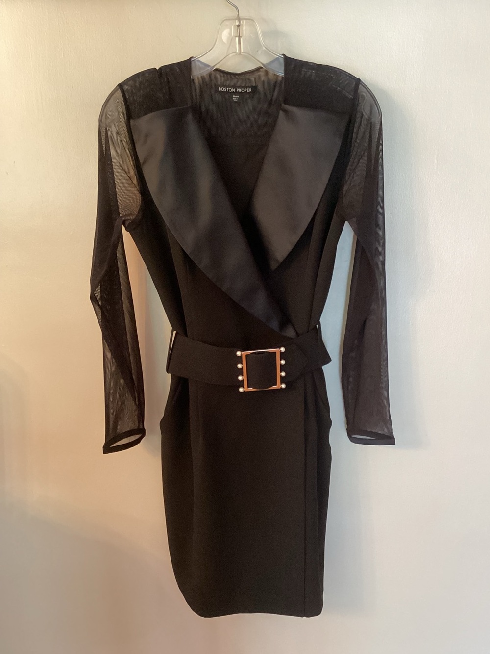 BOSTON PROPER SZ 8 BLACK TUXEDO INSPIRED BELTED WRAP DRESS WITH MESH SLEEVES